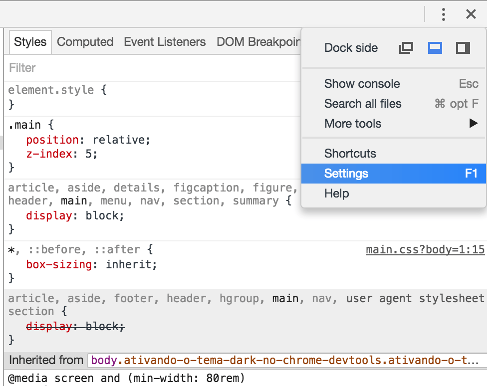Chrome DevTools settings menu