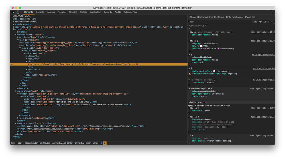 Chrome DevTools dark