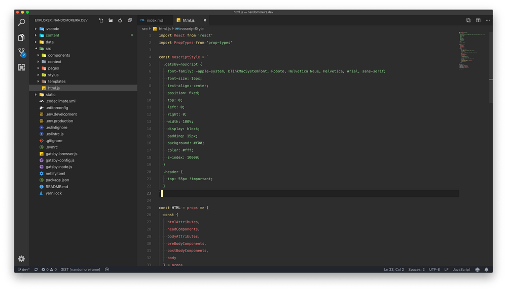 Customizando mensagem da tag noscript no Gatsby