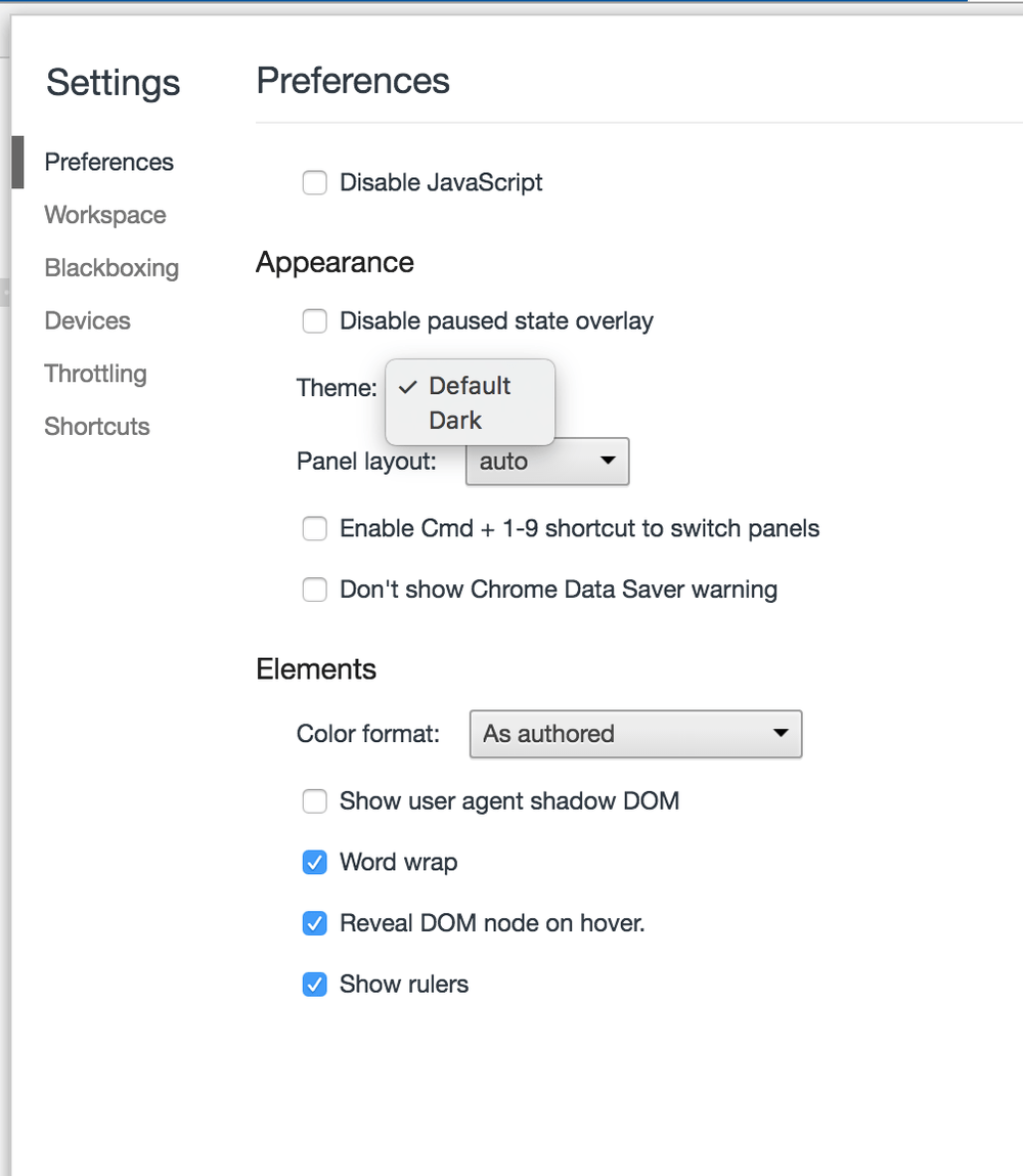 Chrome DevTools settings select
