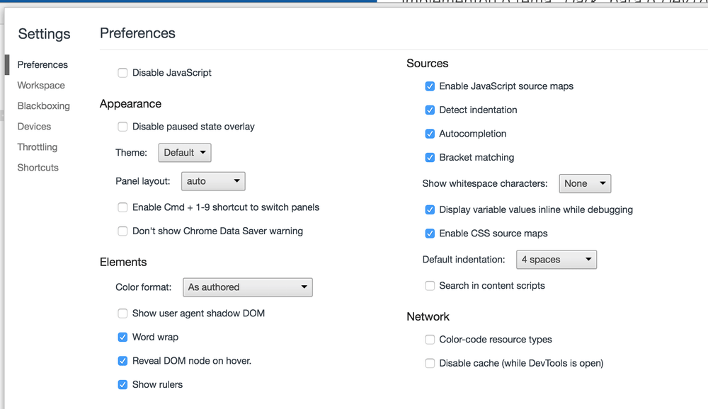 Chrome DevTools settings