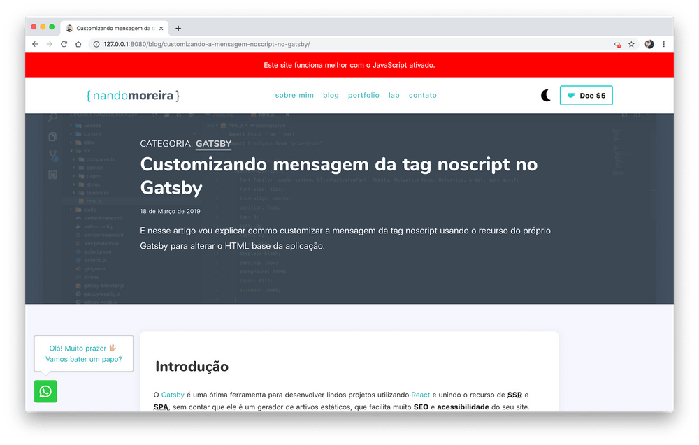 Customizando mensagem da tag noscript no Gatsby - Demonstração